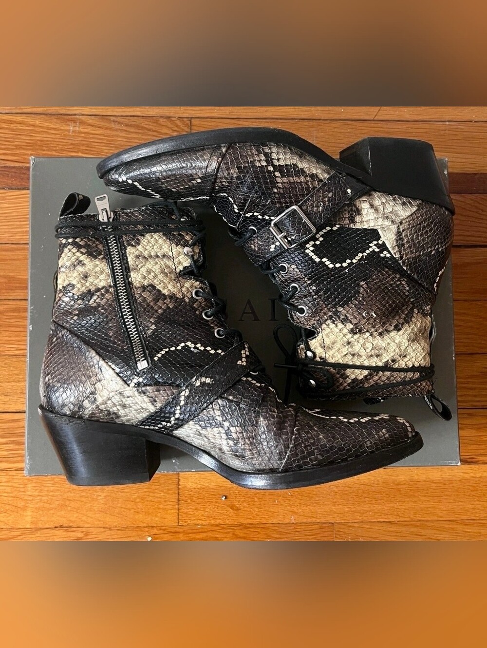 AllSaints Katy Snake Leather Lace Zip Boots 40/9